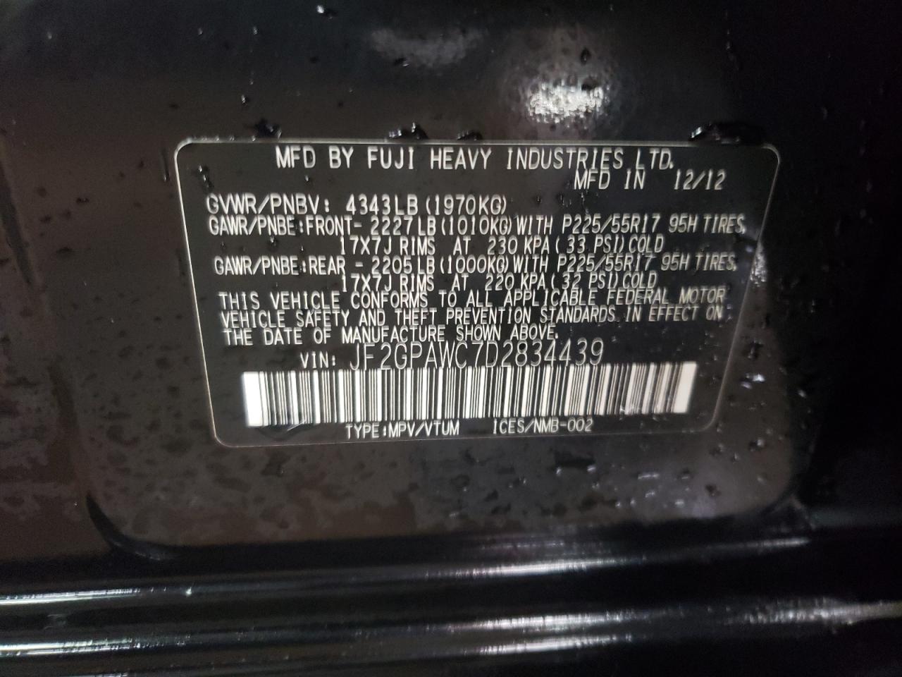 2013 Subaru XV VIN JF2GPAWC7D2834439 Copart auction photo, front end / side damage thumbnail 12