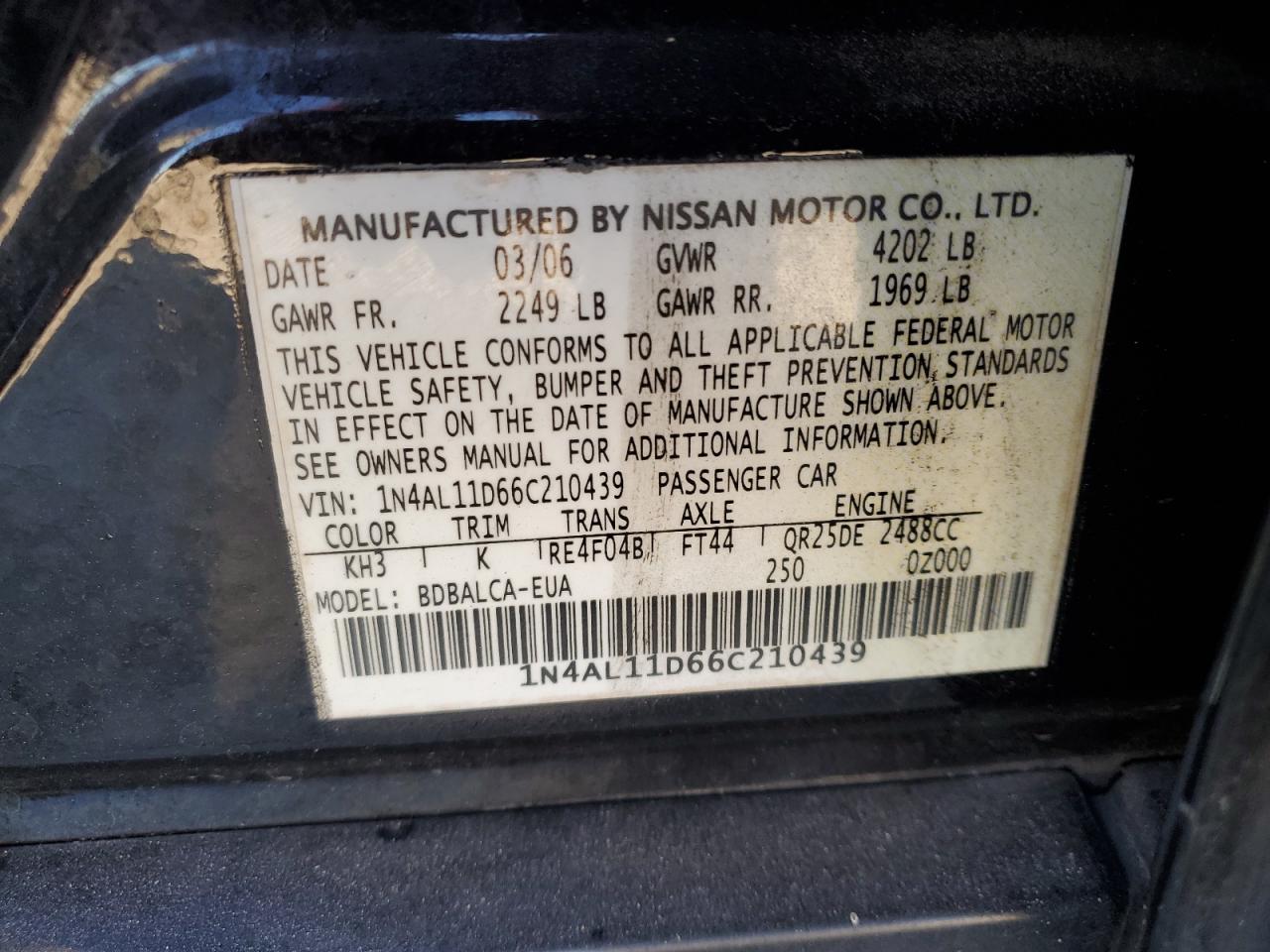 2006 Nissan Altima VIN 1N4AL11D66C210439 Copart auction photo, rear end damage thumbnail 12
