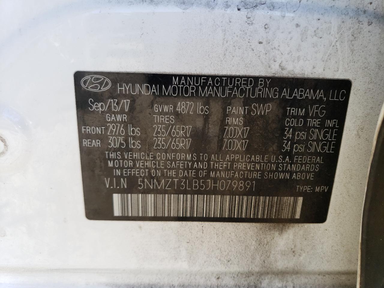 2018 Hyundai Santa Fe VIN 5NMZT3LB5JH079891 Copart auction photo, front end damage thumbnail 13