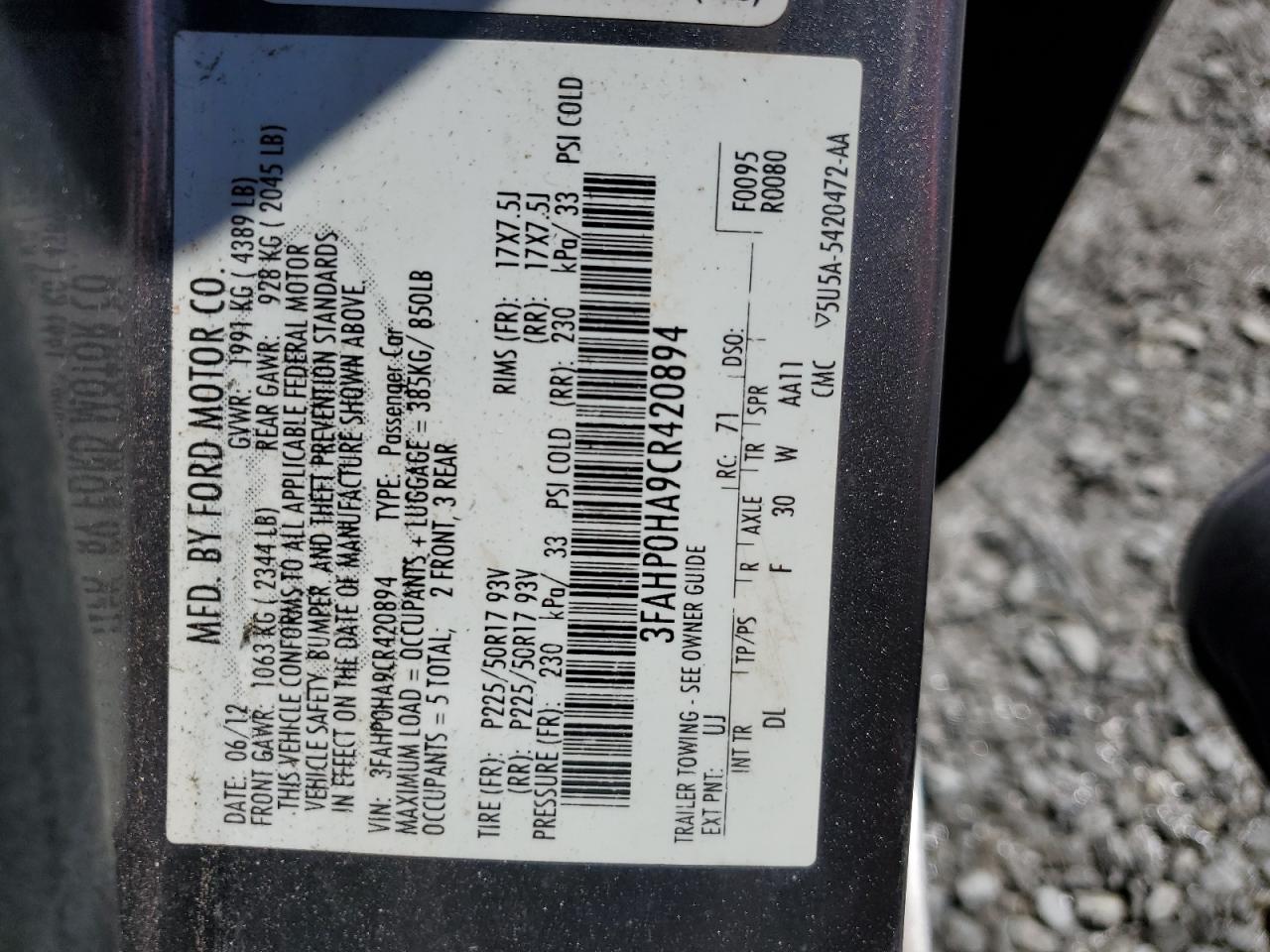 2012 Ford Fusion VIN 3FAHP0HA9CR420894 Copart auction photo, rear end damage thumbnail 12