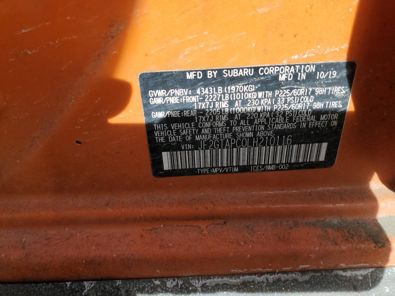 2020 Subaru XV VIN JF2GTAPC0LH210116 Copart auction photo, front end damage thumbnail 12