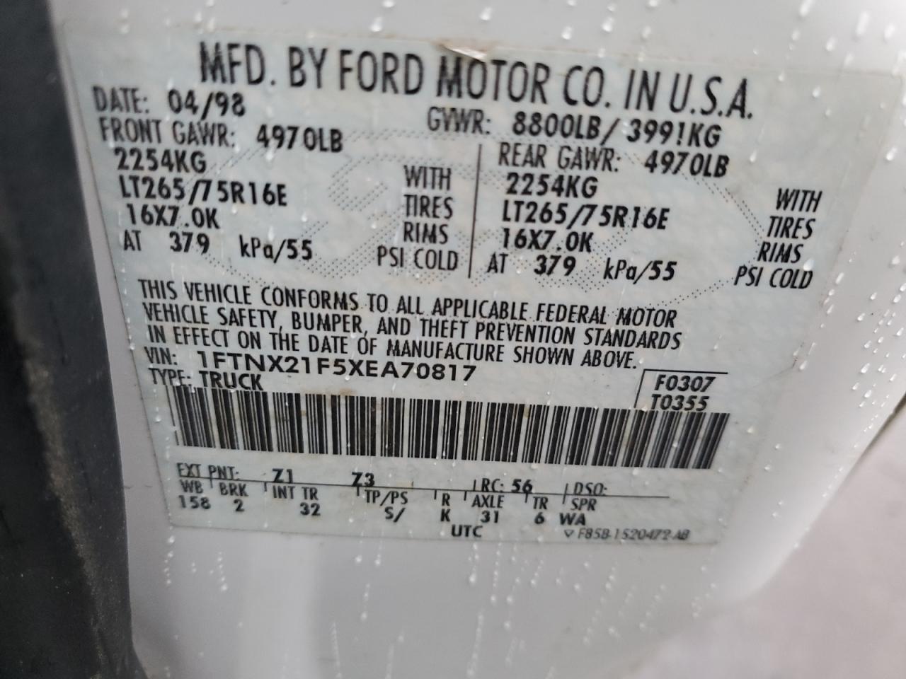 1999 Ford F250 VIN 1FTNX21F5XEA70817 Copart auction photo, rear end damage thumbnail 12