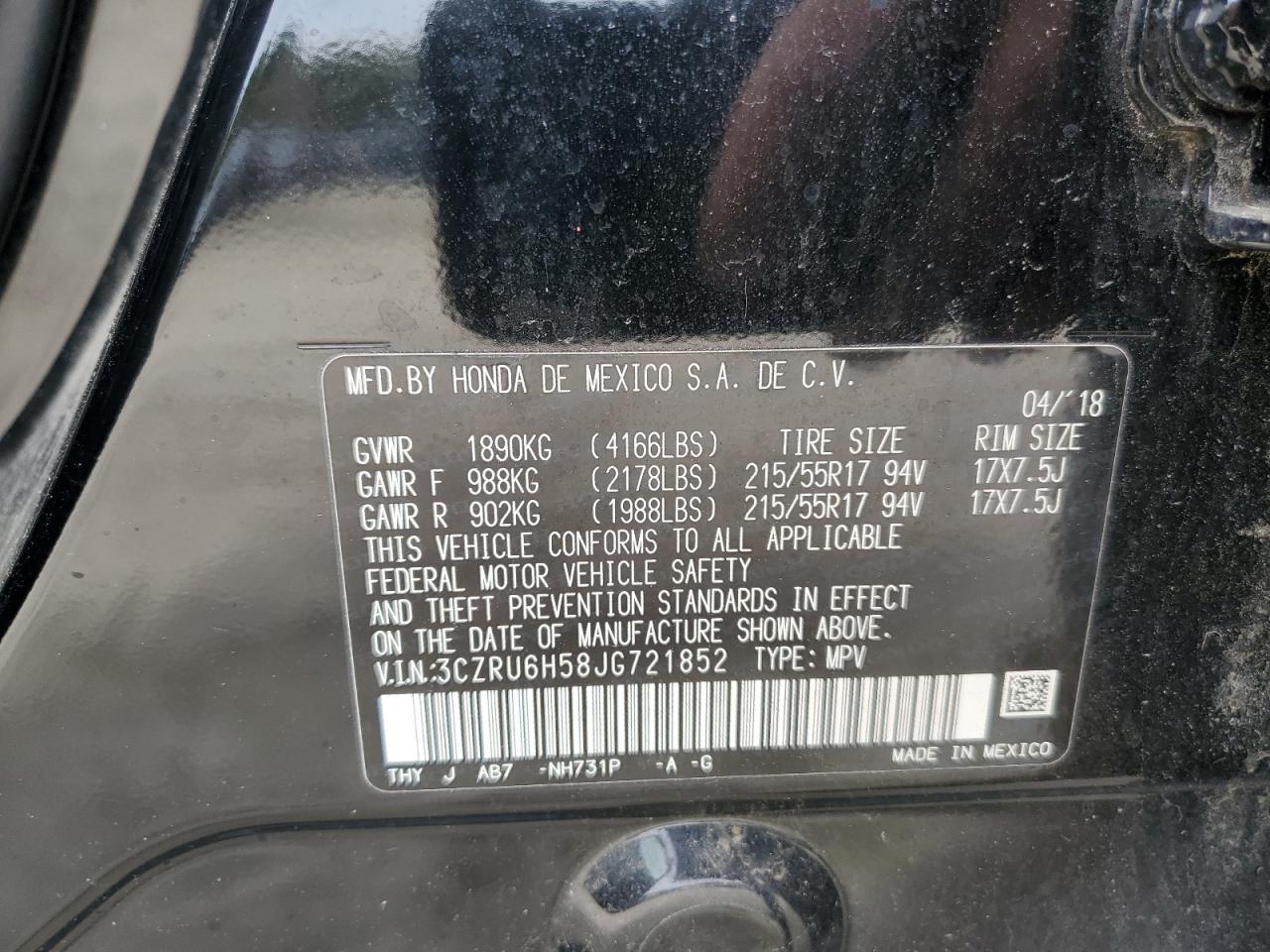 2018 Honda HR-V VIN 3CZRU6H58JG721852 Copart auction photo, rear end damage thumbnail 13