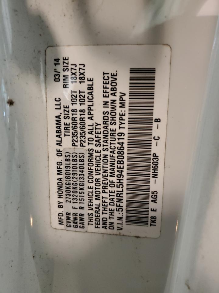 2014 Honda Odyssey VIN 5FNRL5H94EB086419 Copart auction photo, front end / side damage thumbnail 15