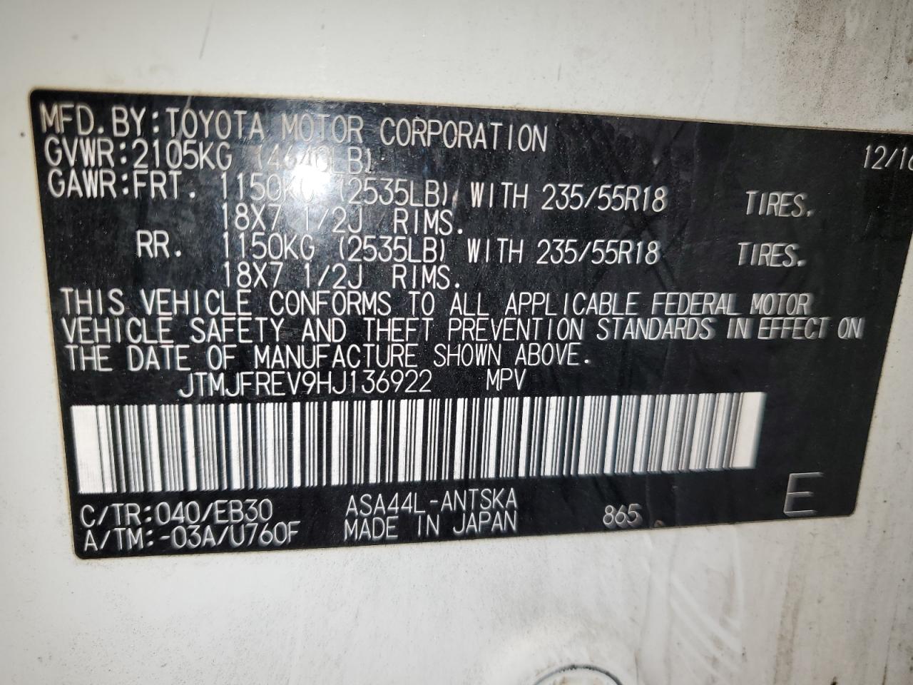 2017 Toyota RAV 4 VIN JTMJFREV9HJ136922 Copart auction photo, front end / rear end damage thumbnail 16