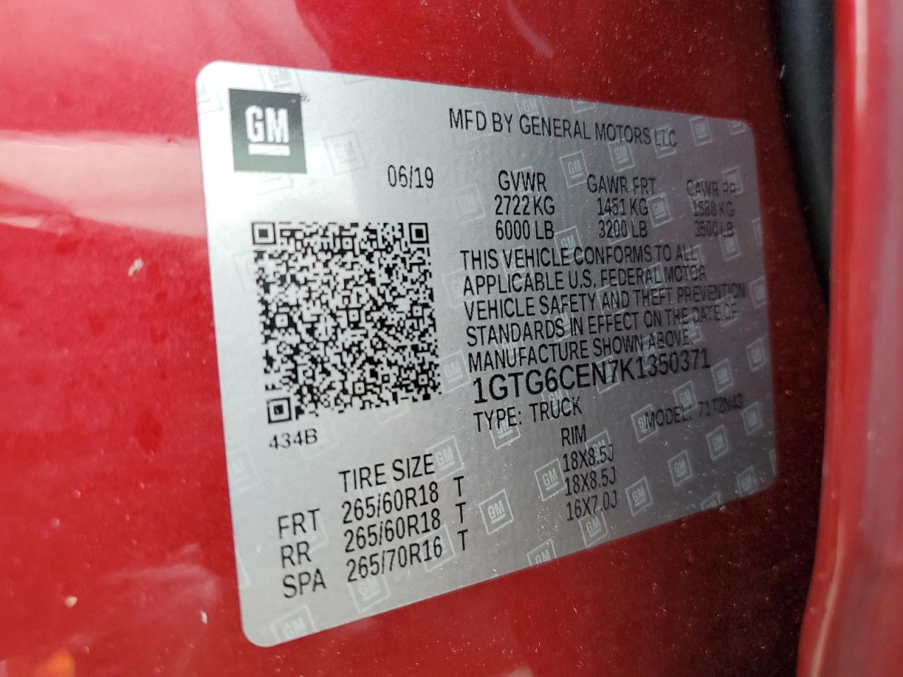 2019 GMC Canyon VIN 1GTG6CEN7K1350371 Copart auction photo, water/flood damage thumbnail 13