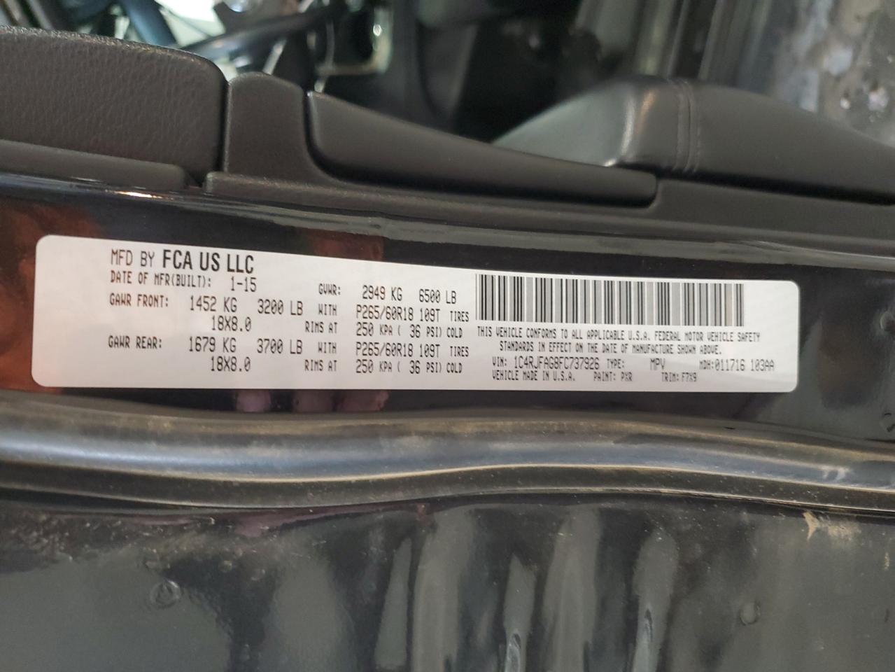 2015 Jeep Grand Cherokee VIN 1C4RJFAG8FC737926 Copart auction photo, front end damage thumbnail 13