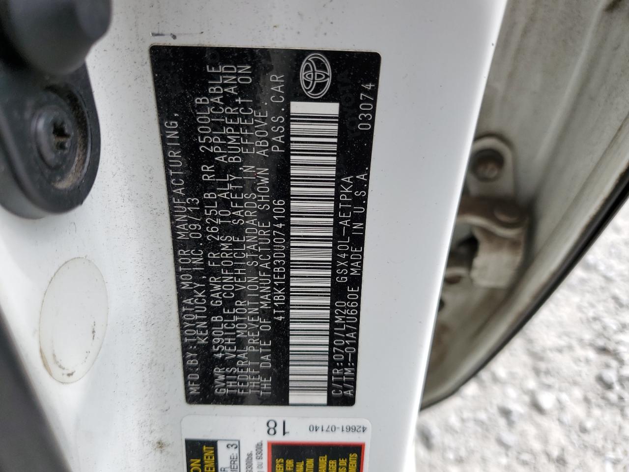 2013 Toyota Avalon VIN 4T1BK1EB3DU074106 Copart auction photo, hail / front end damage thumbnail 12