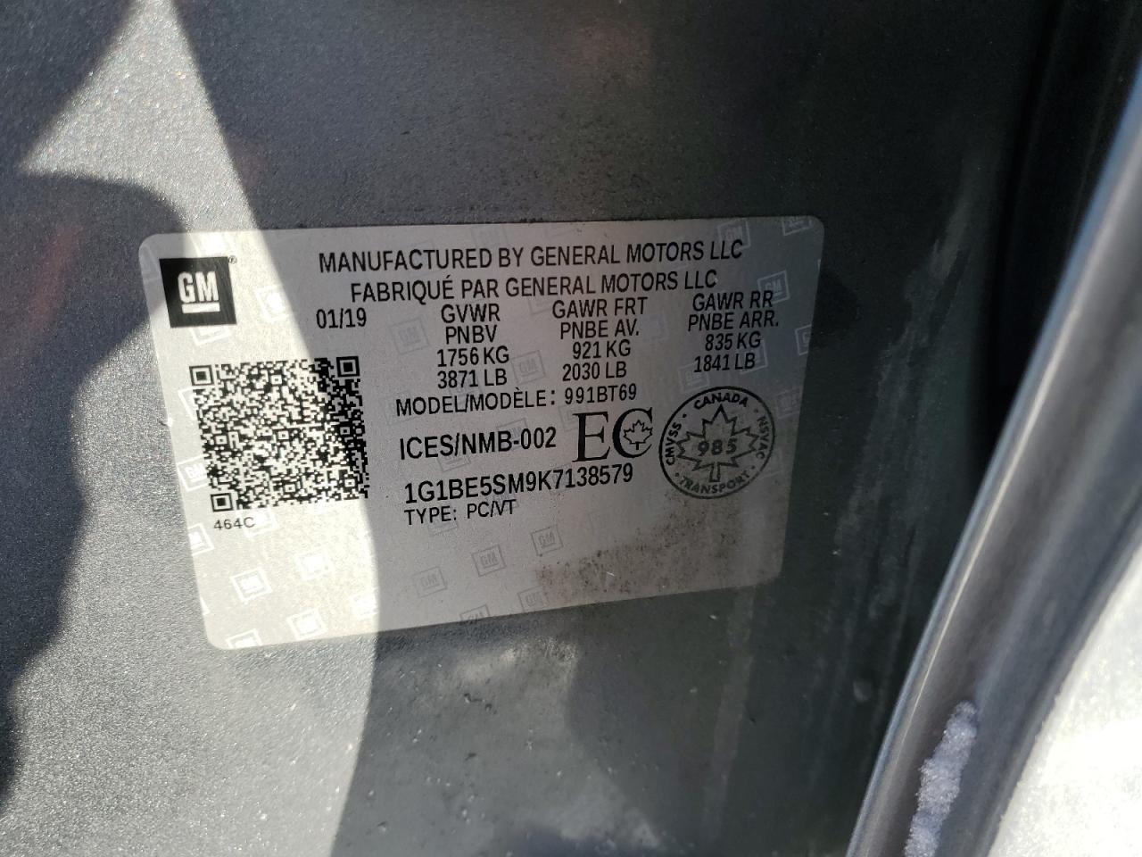 2019 Chevrolet Cruze VIN 1G1BE5SM9K7138579 Copart auction photo, front end / minor dent/scratches damage thumbnail 12