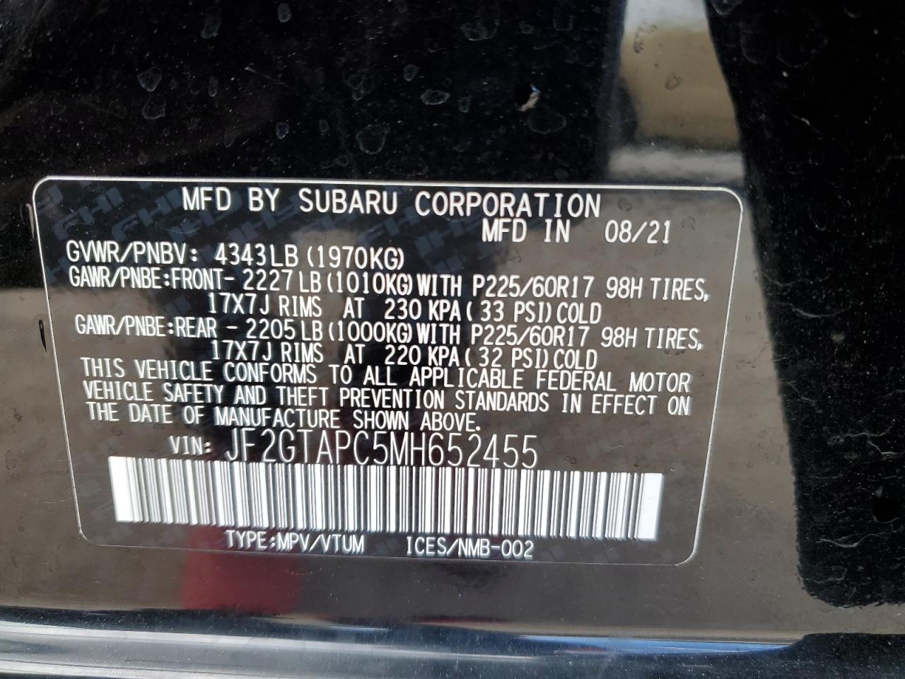 2021 Subaru XV VIN JF2GTAPC5MH652455 Copart auction photo, hail damage thumbnail 12