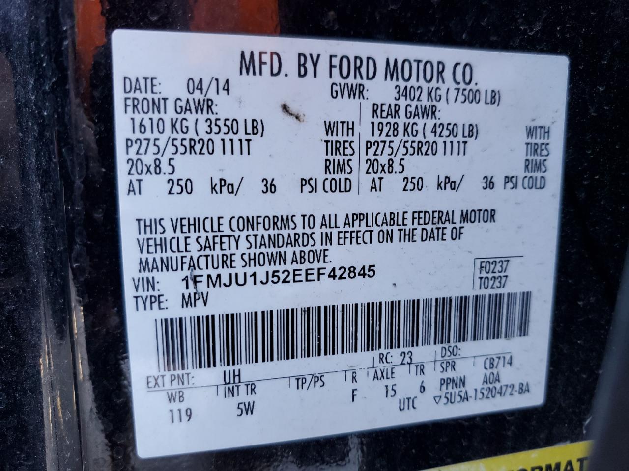 2014 Ford Expedition VIN 1FMJU1J52EEF42845 Copart auction photo, all over damage thumbnail 15