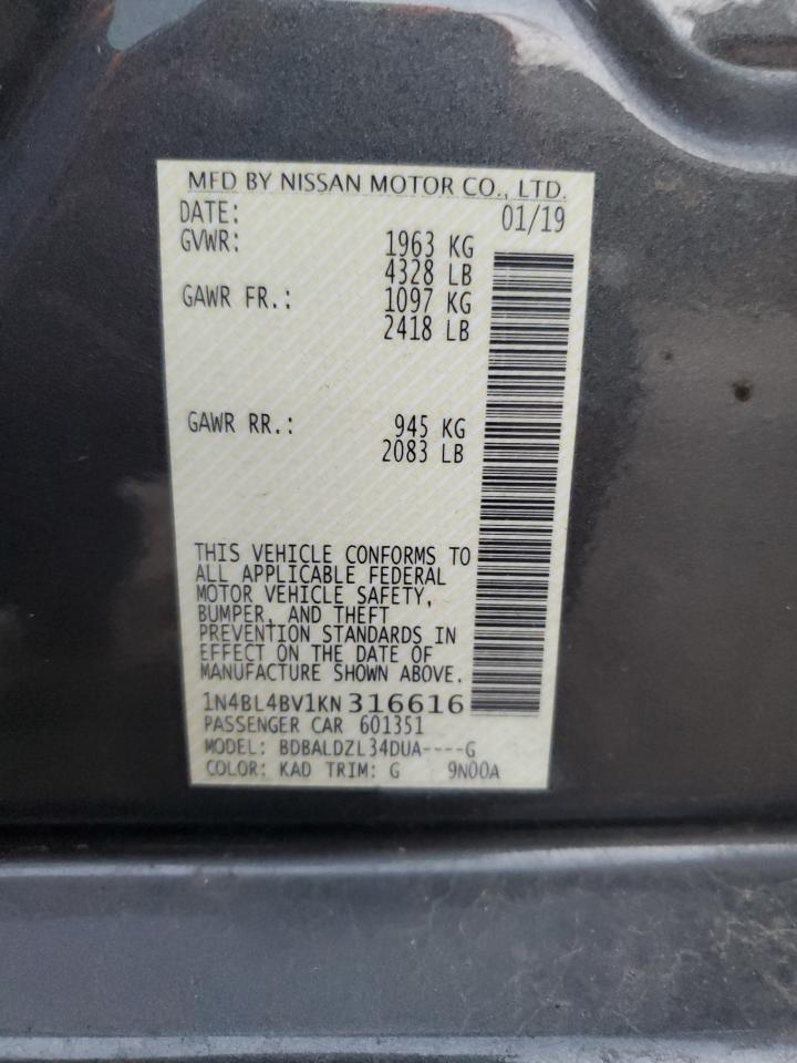 2019 Nissan Altima VIN 1N4BL4BV1KN316616 Copart auction photo, front end / side damage thumbnail 13