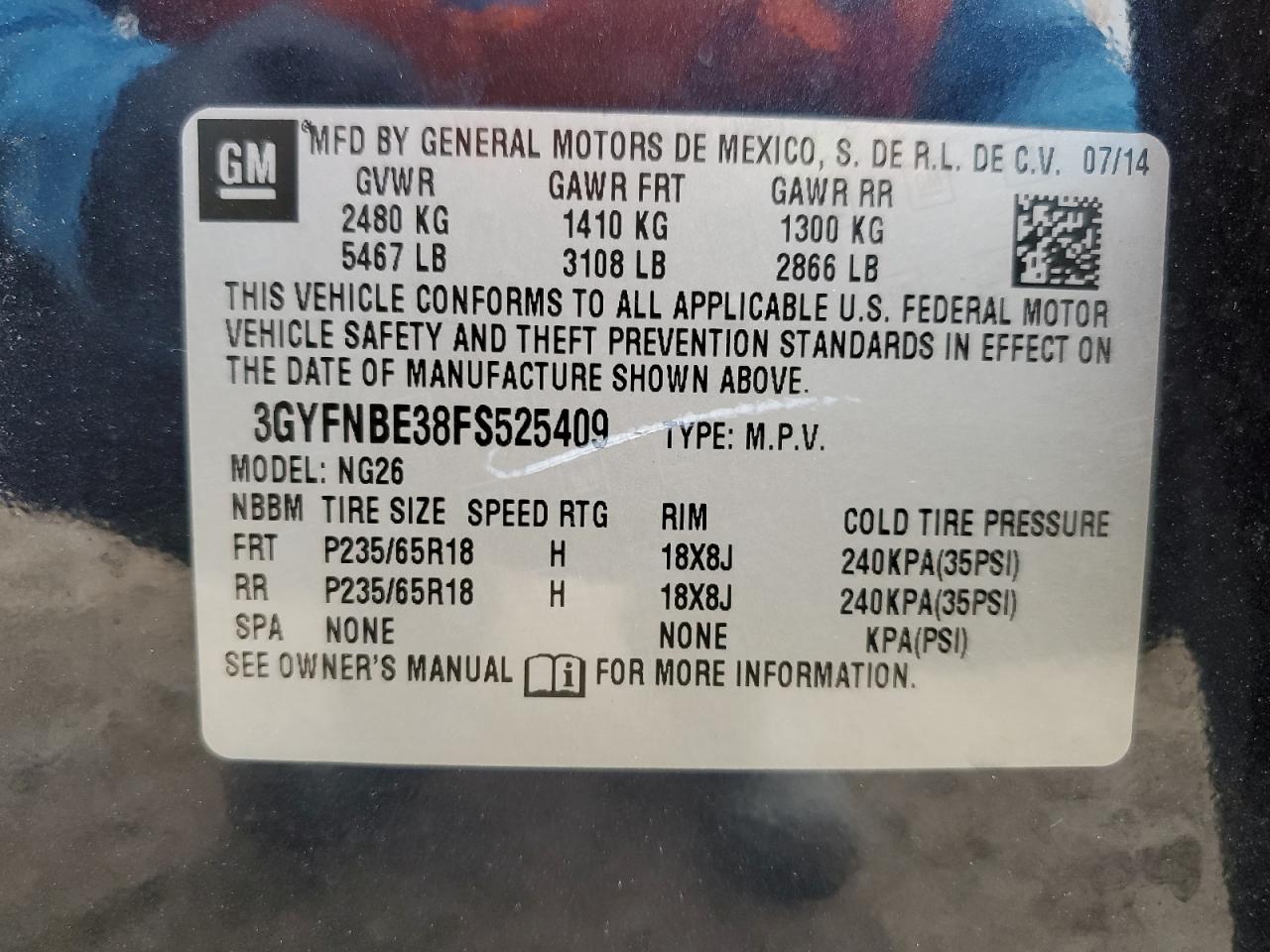 2015 Cadillac SRX VIN 3GYFNBE38FS525409 Copart auction photo, front end / minor dent/scratches damage thumbnail 14