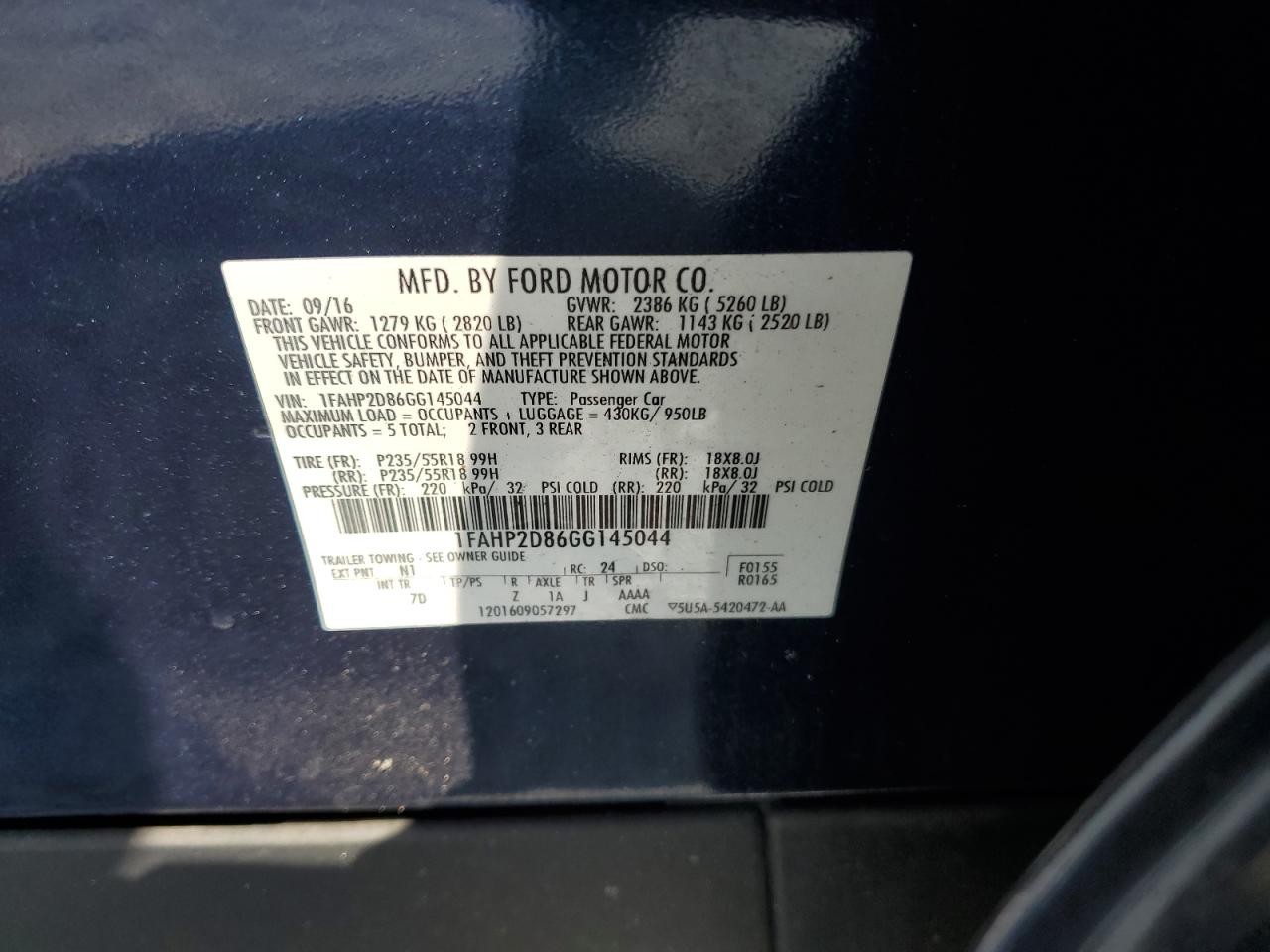 2016 Ford Taurus VIN 1FAHP2D86GG145044 Copart auction photo, side / front end damage thumbnail 14