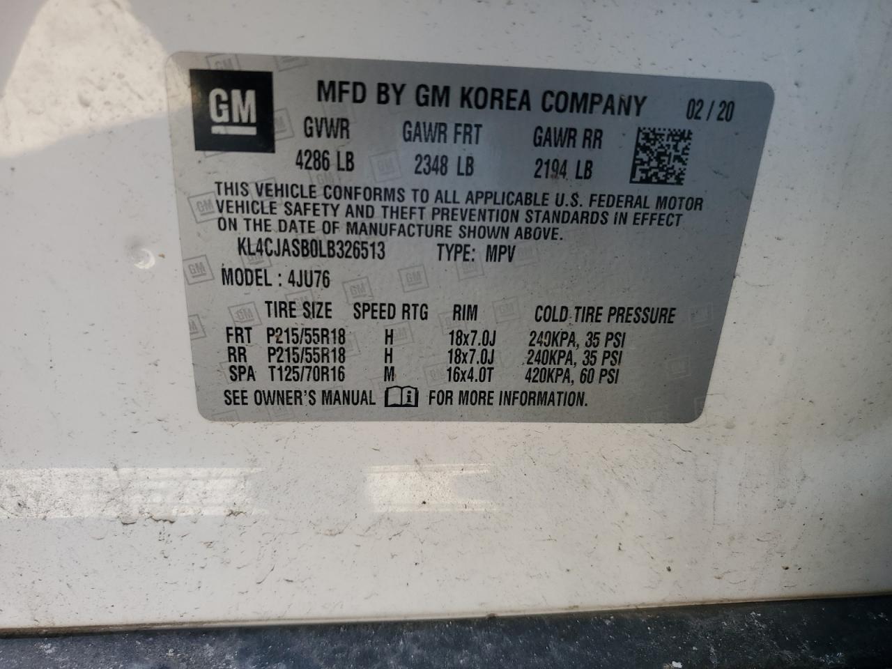 2020 Buick Encore VIN KL4CJASB0LB326513 Copart auction photo, front end damage thumbnail 14