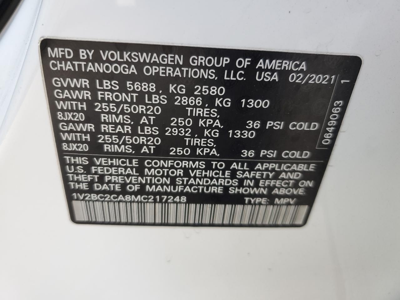 2021 Volkswagen Atlas VIN 1V2BC2CA8MC217248 Copart auction photo, front end / minor dent/scratches damage thumbnail 13