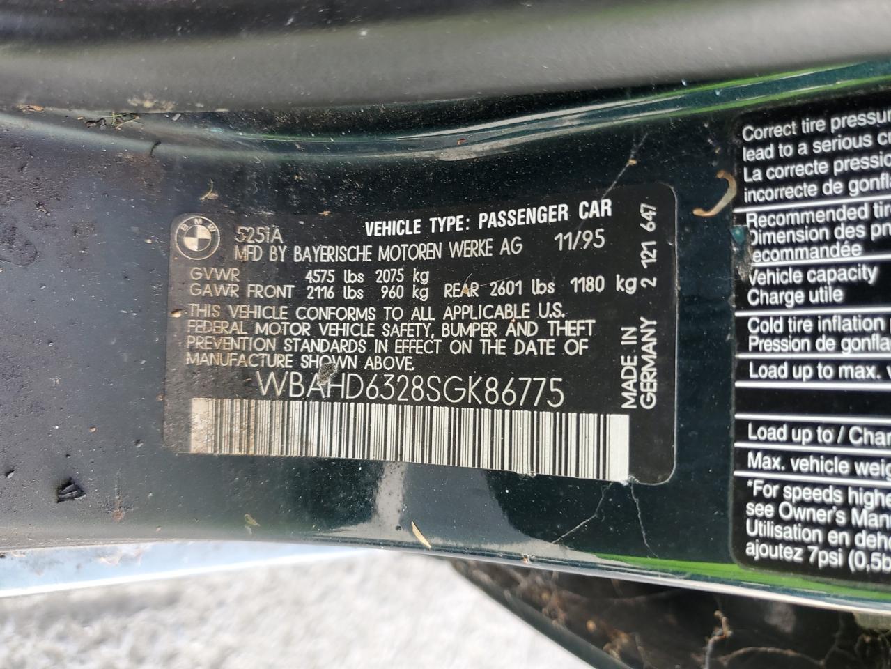 1995 BMW 5er VIN WBAHD6328SGK86775 Copart auction photo, minor dent/scratches damage thumbnail 12
