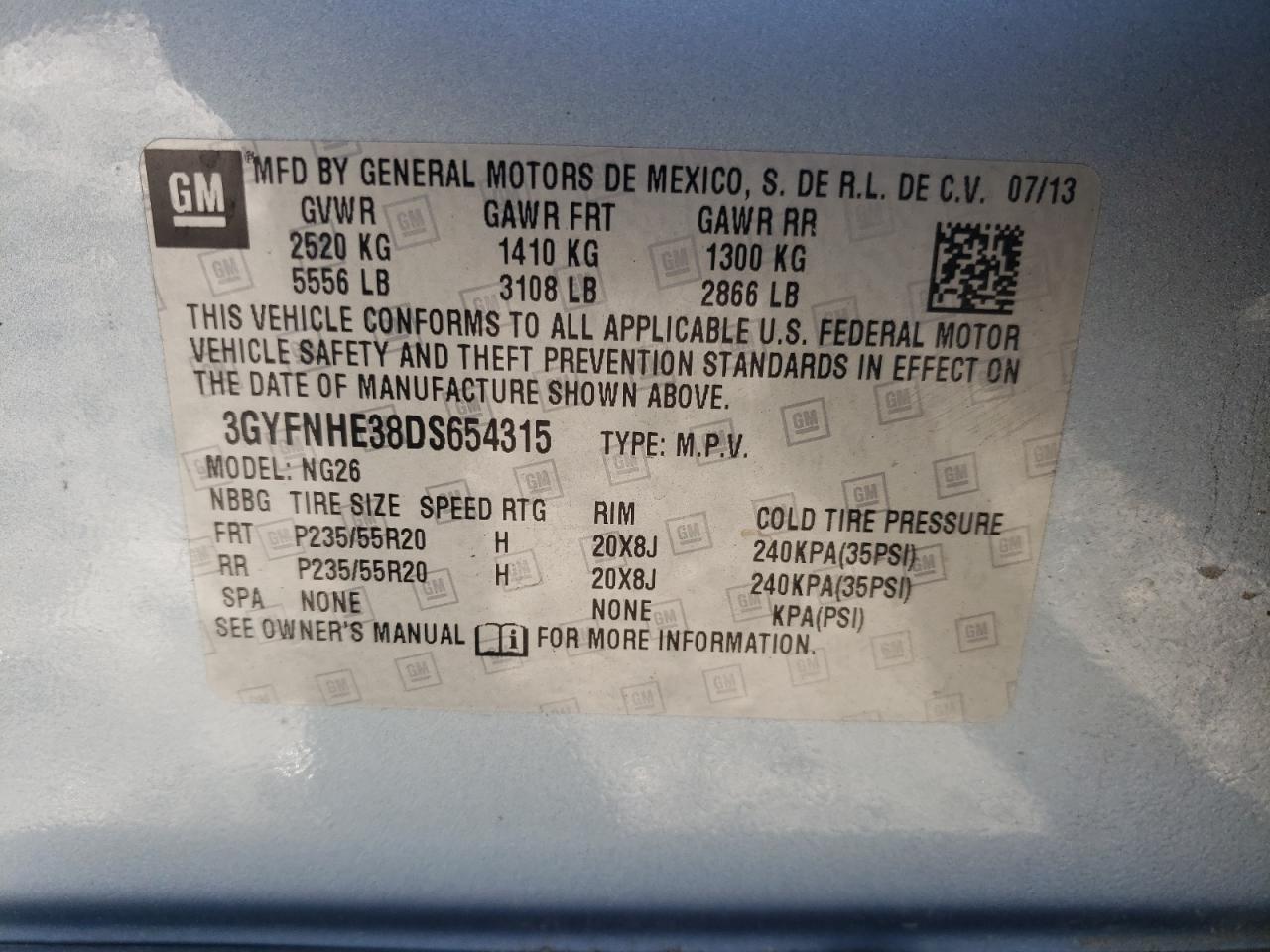 2013 Cadillac SRX VIN 3GYFNHE38DS654315 Copart auction photo, top/roof damage thumbnail 13