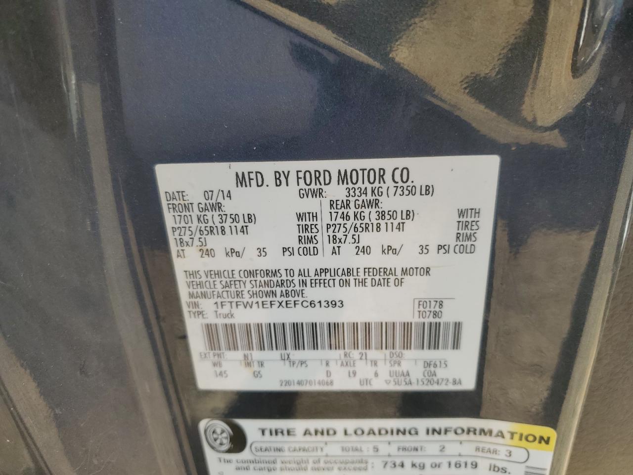 2014 Ford F-150 VIN 1FTFW1EFXEFC61393 Copart auction photo, front end / side damage thumbnail 14