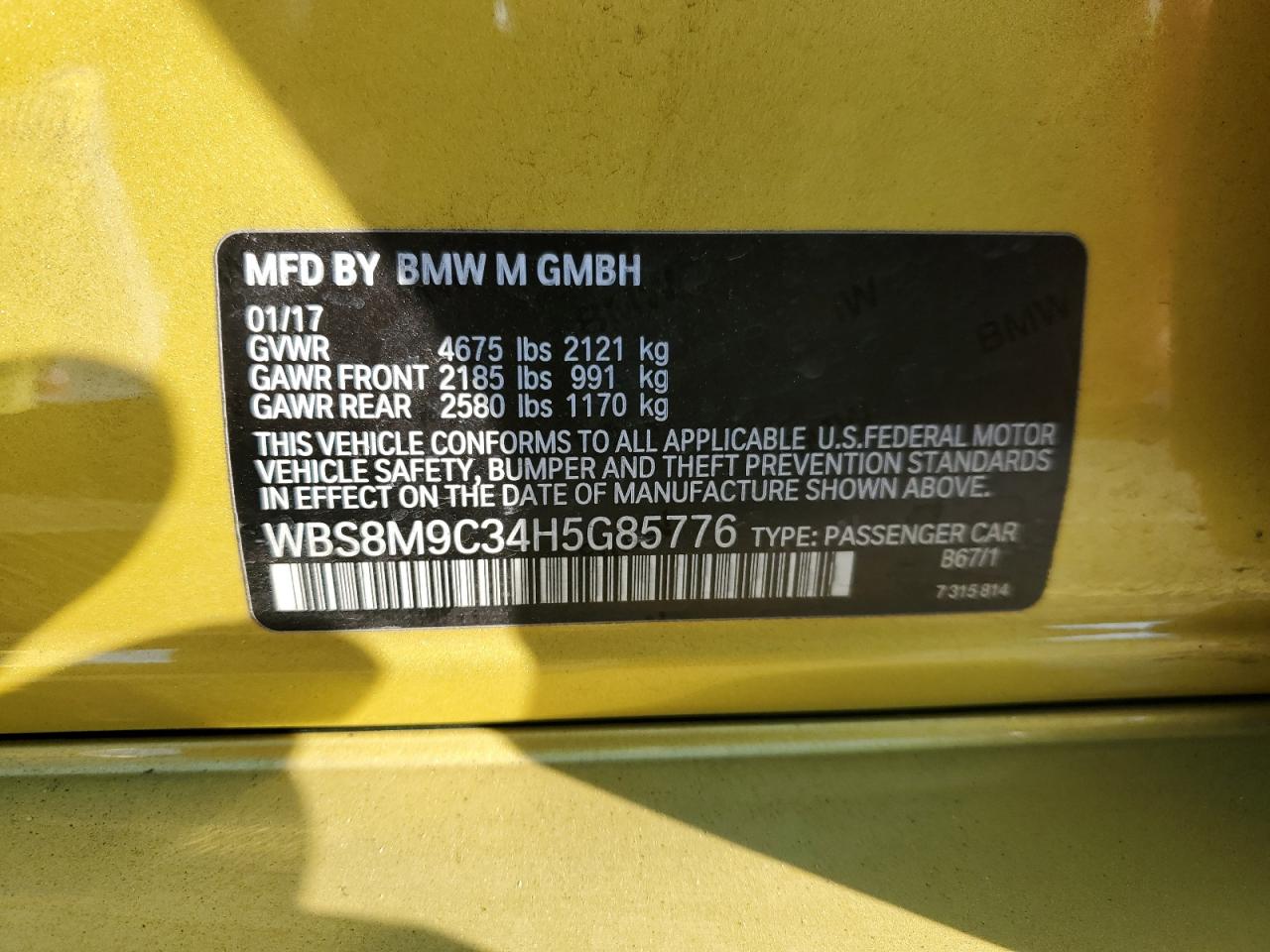 2017 BMW M3 VIN WBS8M9C34H5G85776 Copart auction photo, front end / side damage thumbnail 14