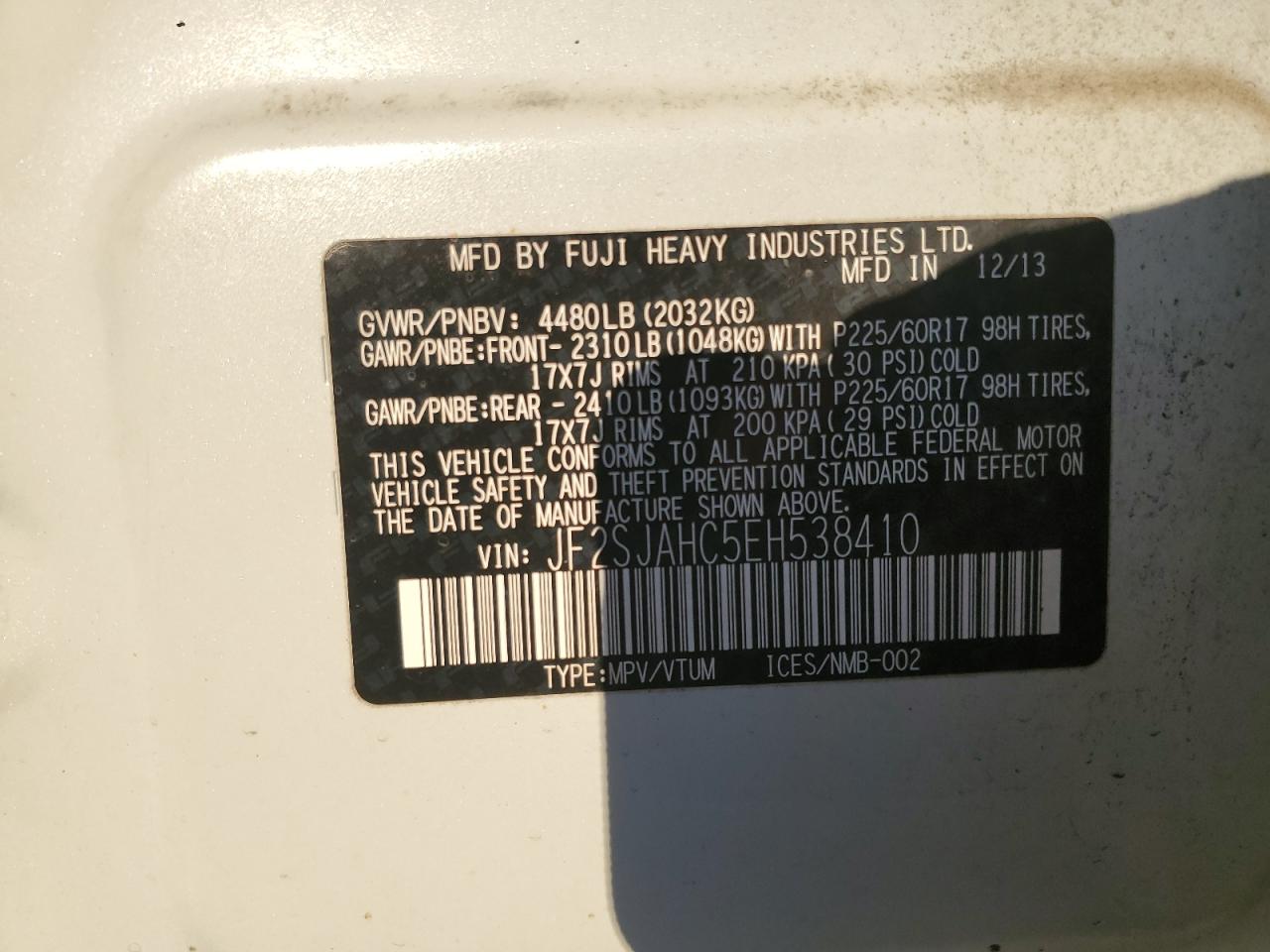 2014 Subaru Forester VIN JF2SJAHC5EH538410 Copart auction photo, all over / undercarriage damage thumbnail 13