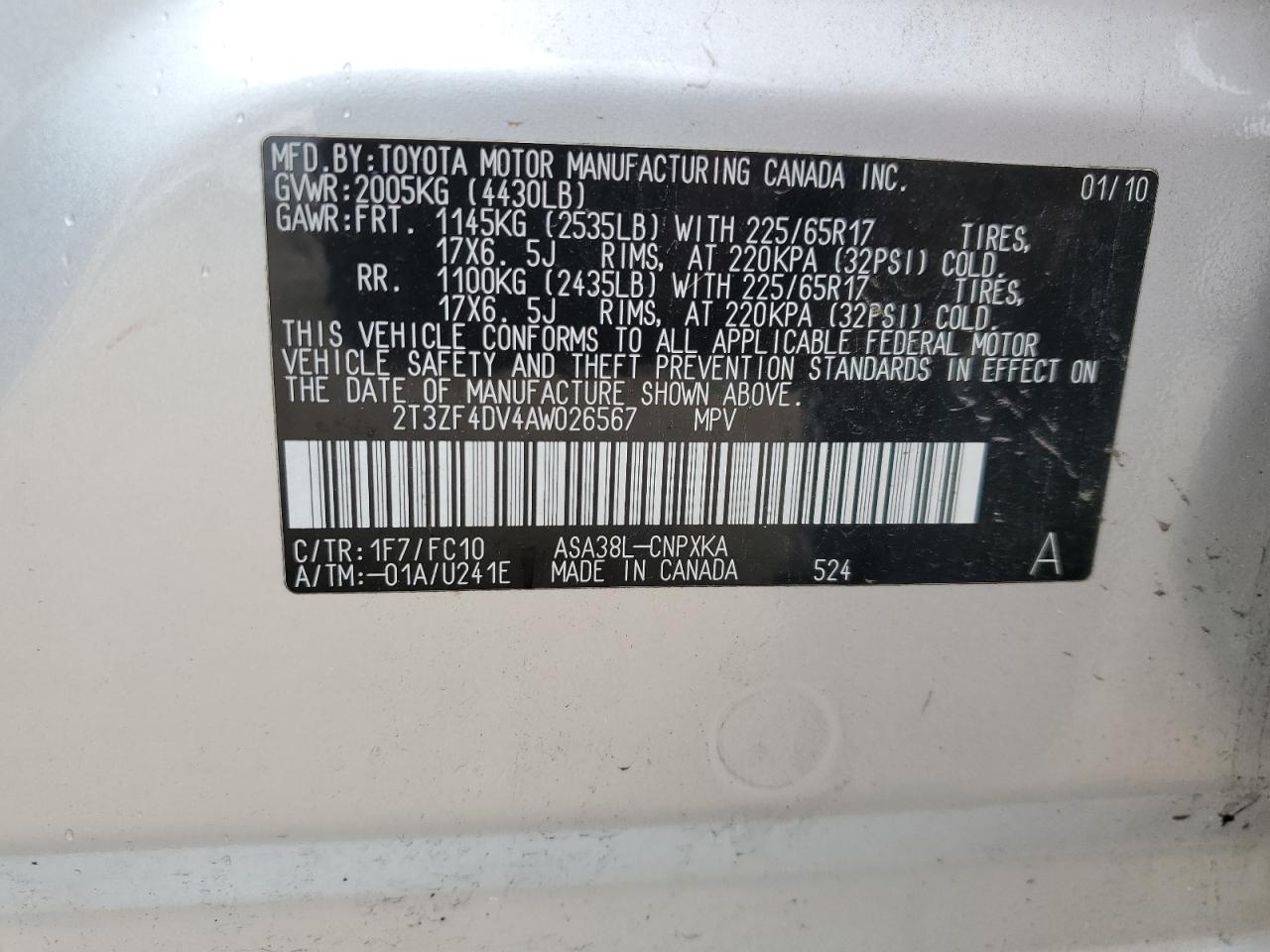 2010 Toyota RAV 4 VIN 2T3ZF4DV4AW026567 Copart auction photo, rear end damage thumbnail 14