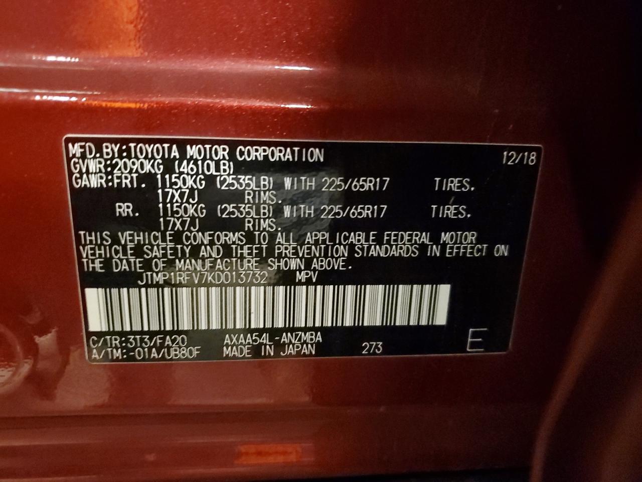 2019 Toyota RAV 4 VIN JTMP1RFV7KD013732 Copart auction photo, mechanical / front end damage thumbnail 12