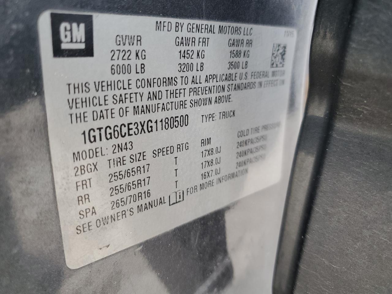 2016 GMC Canyon VIN 1GTG6CE3XG1180500 Copart auction photo, front end / mechanical damage thumbnail 13