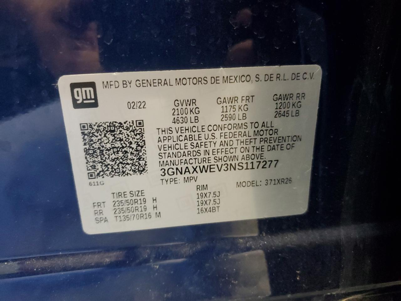 2022 Chevrolet Equinox VIN 3GNAXWEV3NS117277 Copart auction photo, front end damage thumbnail 14