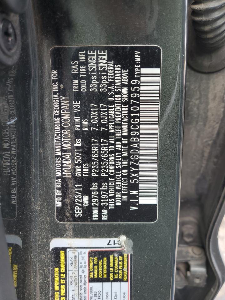 2012 Hyundai Santa Fe VIN 5XYZGDAB9CG107959 Copart auction photo, hail damage thumbnail 12