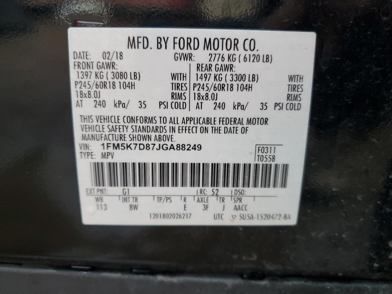 2018 Ford Explorer VIN 1FM5K7D87JGA88249 Copart auction photo, front end / side damage thumbnail 14