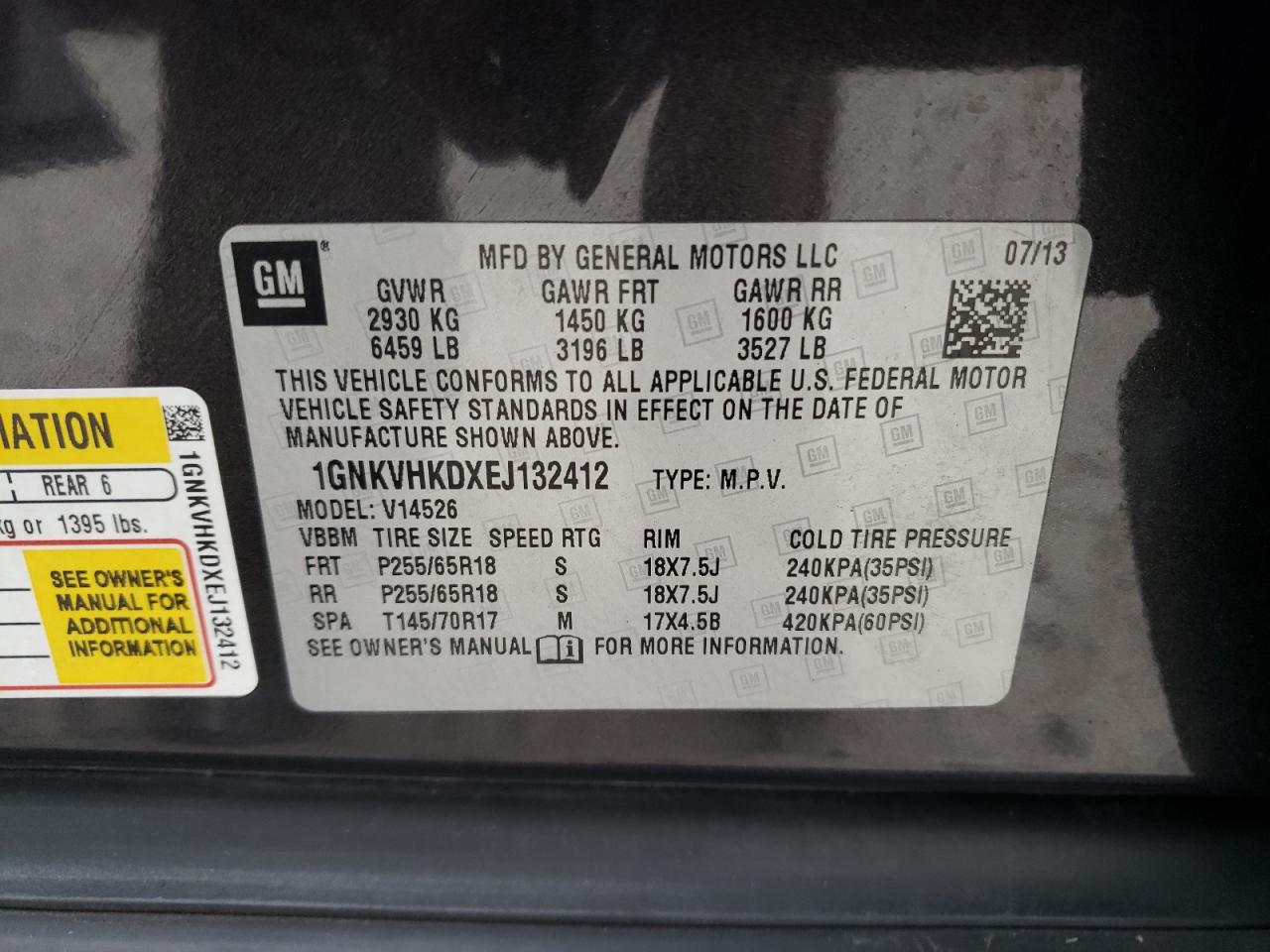 2014 Chevrolet Traverse VIN 1GNKVHKDXEJ132412 Copart auction photo, normal wear damage thumbnail 13