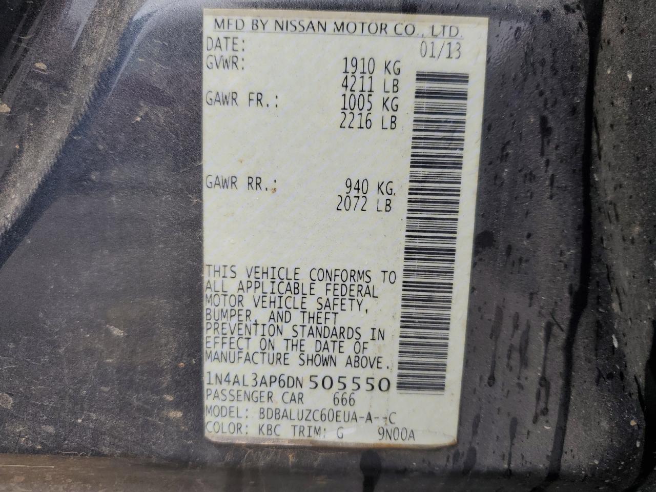 2013 Nissan Altima VIN 1N4AL3AP6DN505550 Copart auction photo, front end damage thumbnail 12