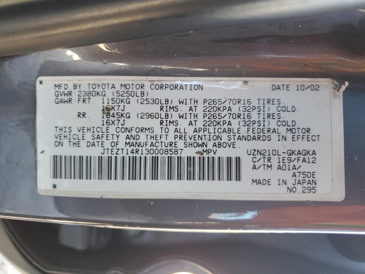 2003 Toyota 4Runner VIN JTEZT14R130008587 Copart auction photo, front end / minor dent/scratches damage thumbnail 13