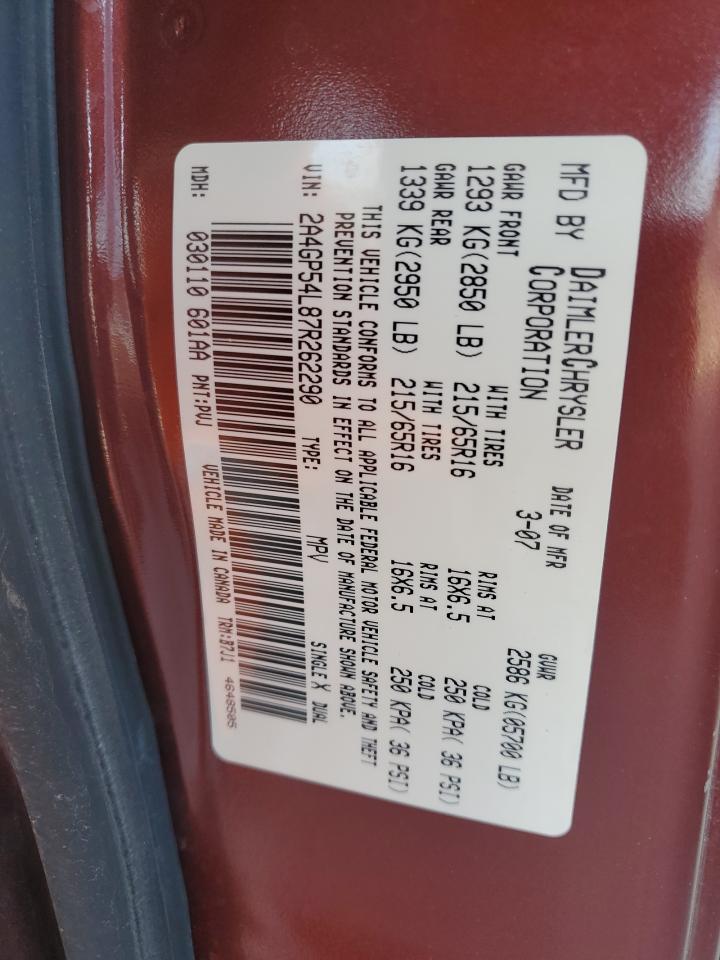 2007 Chrysler Town & Country VIN 2A4GP54L87R262290 Copart auction photo, front end / minor dent/scratches damage thumbnail 13
