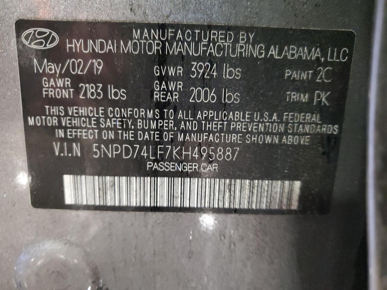 2019 Hyundai Elantra VIN 5NPD74LF7KH495887 Copart auction photo, front end damage thumbnail 13