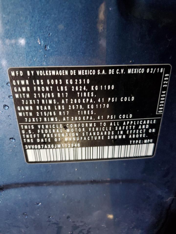 2018 Volkswagen Tiguan VIN 3VV0B7AX6JM112946 Copart auction photo, front end damage thumbnail 14