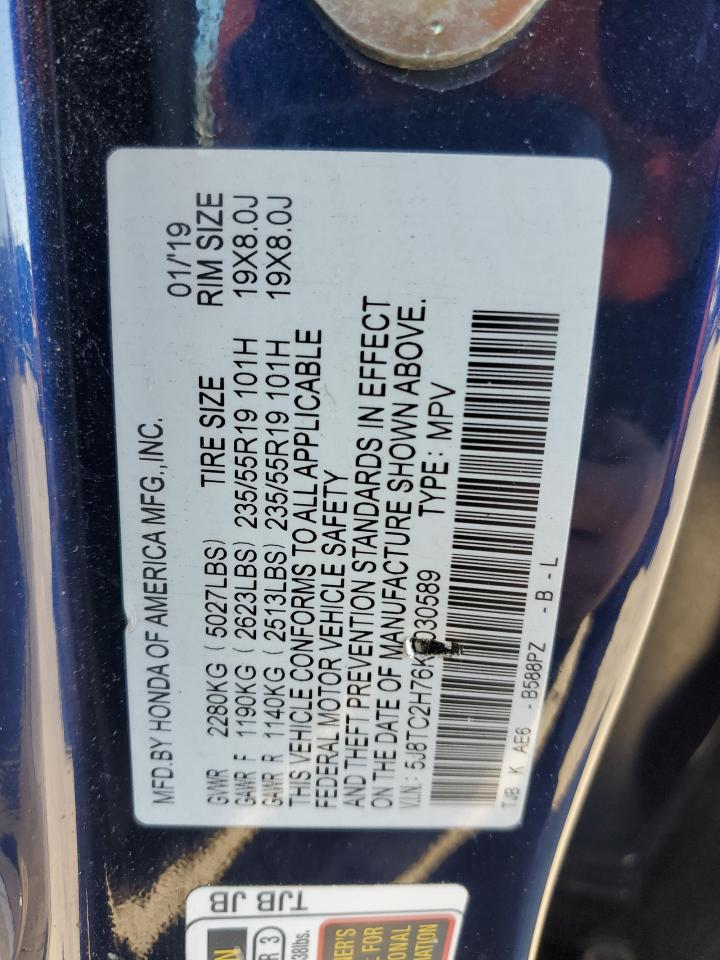 2019 Acura RDX VIN 5J8TC2H76KL030589 Copart auction photo, front end / side damage thumbnail 15