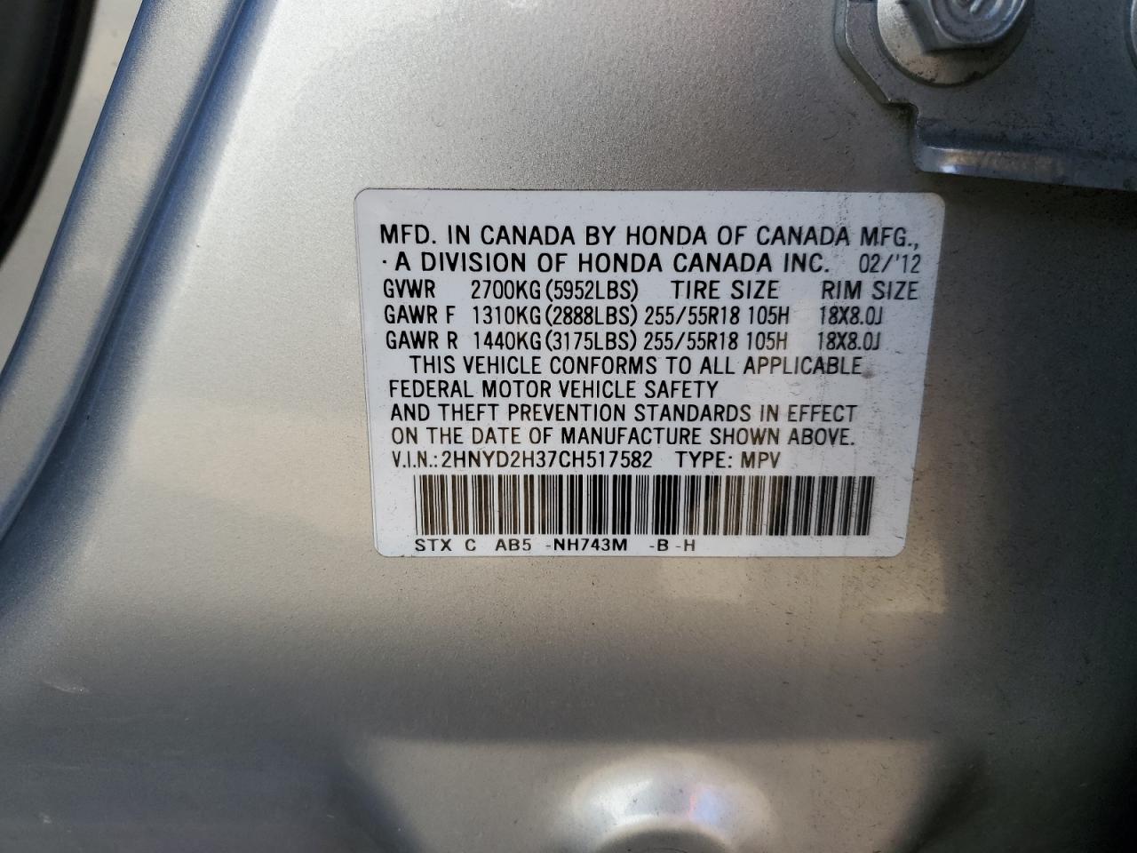 2012 Acura MDX VIN 2HNYD2H37CH517582 Copart auction photo, front end damage thumbnail 13