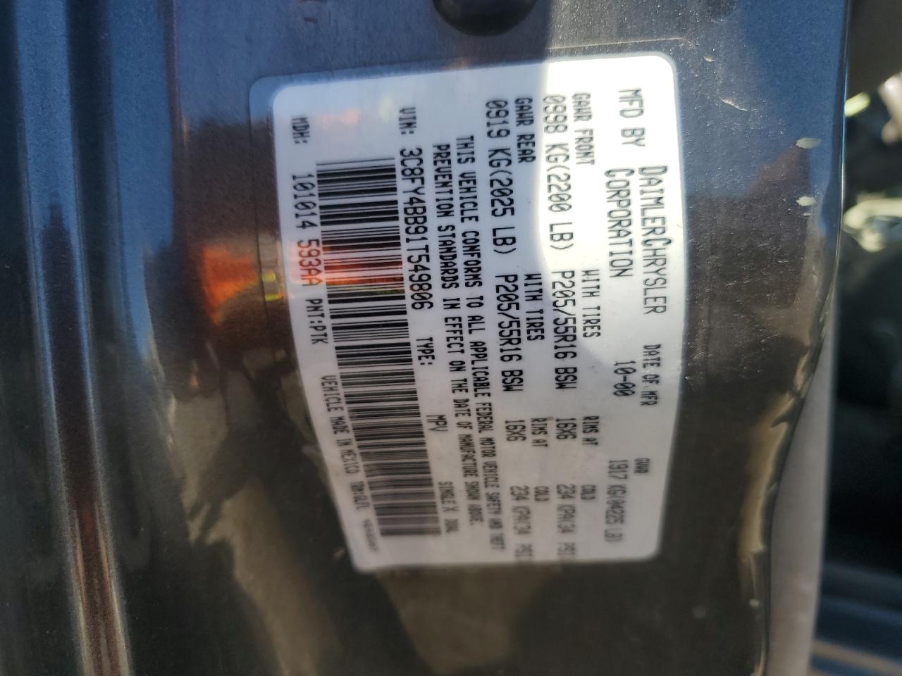 2001 Chrysler PT Cruiser VIN 3C8FY4BB91T549806 Copart auction photo, front end / side damage thumbnail 15