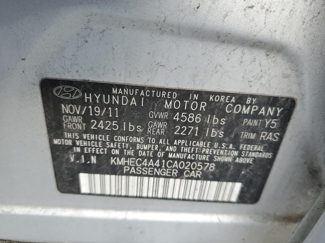 2012 Hyundai Sonata VIN KMHEC4A41CA020578 Copart auction photo, minor dent/scratches damage thumbnail 12