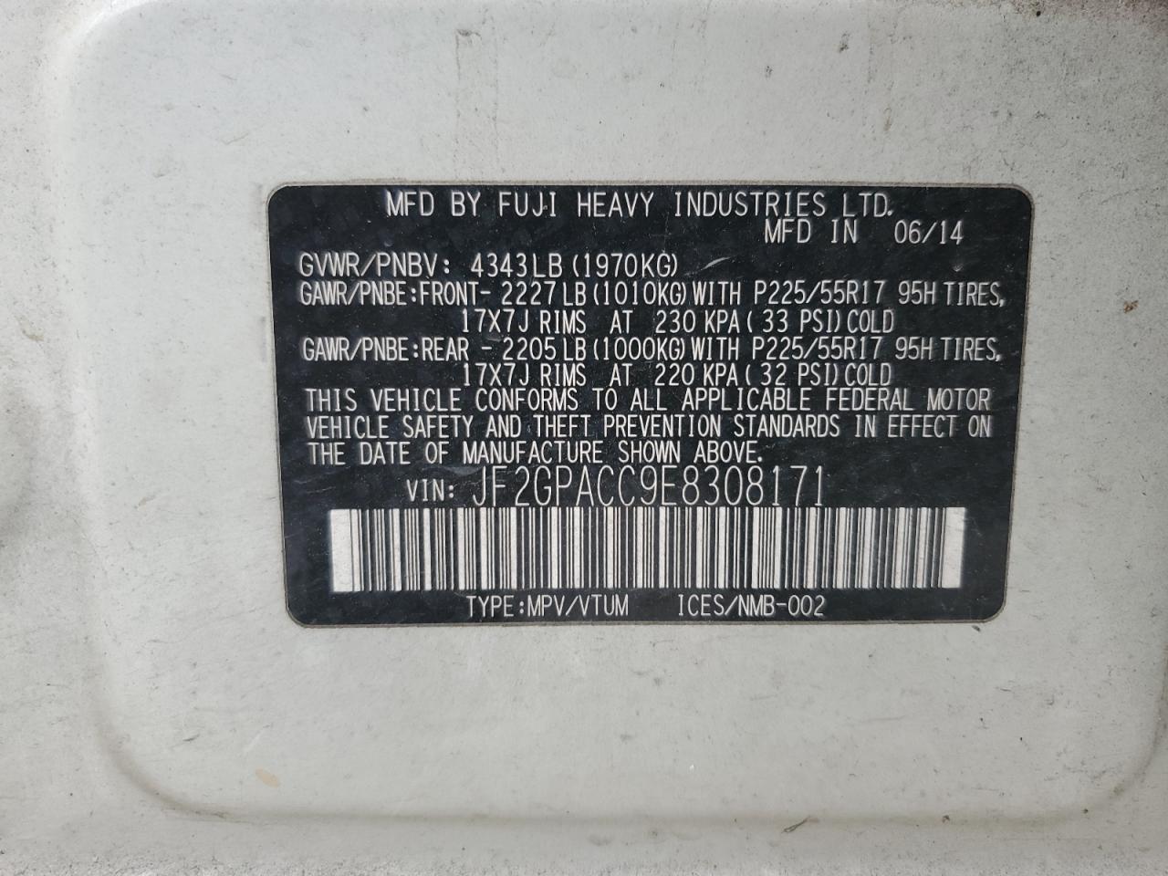 2014 Subaru XV VIN JF2GPACC9E8308171 Copart auction photo, front end / minor dent/scratches damage thumbnail 13