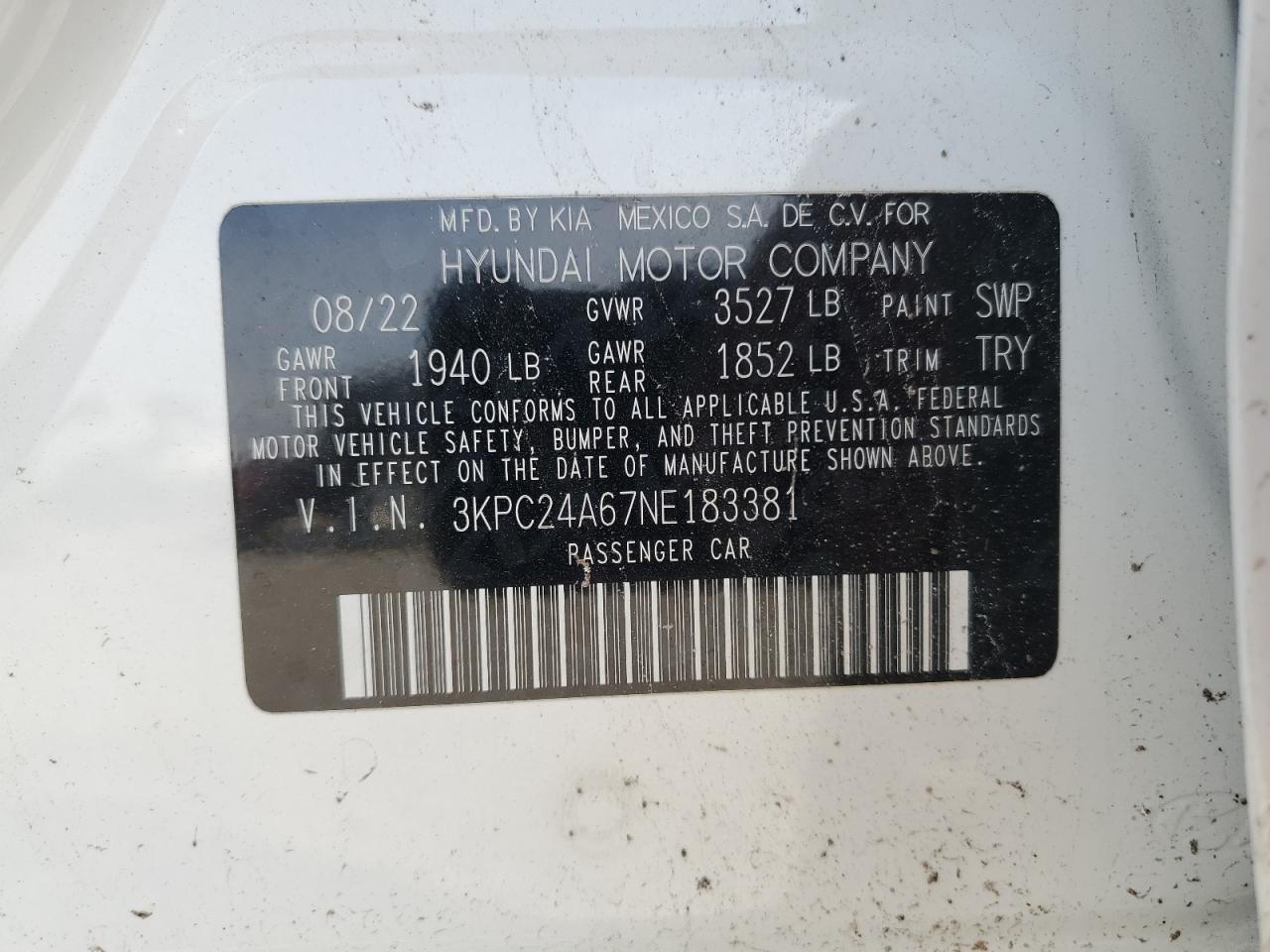 2022 Hyundai Accent VIN 3KPC24A67NE183381 Copart auction photo, rollover damage thumbnail 14