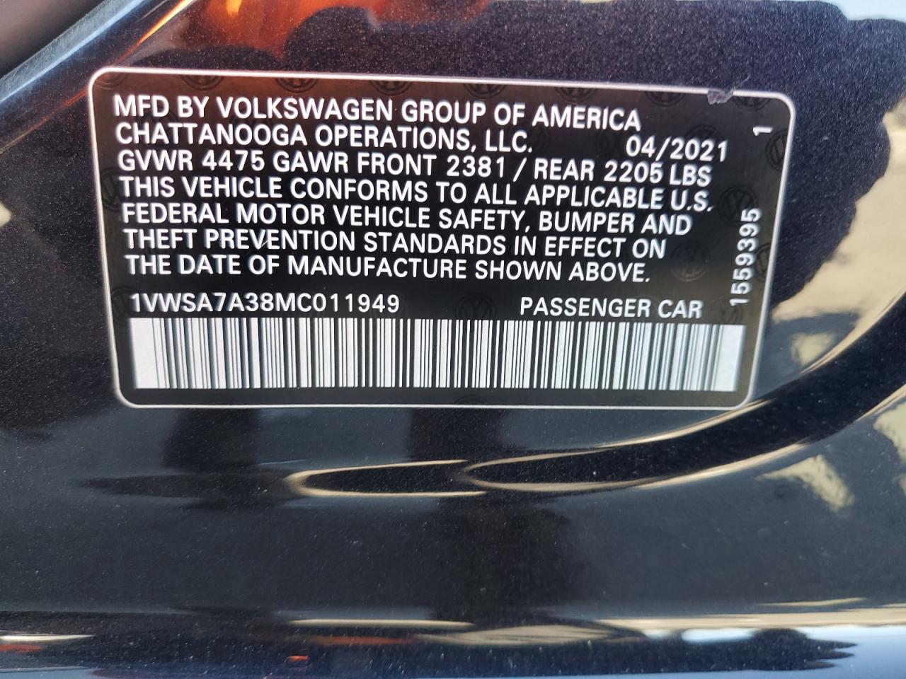 2021 Volkswagen Passat VIN 1VWSA7A38MC011949 Copart auction photo, front end damage thumbnail 14