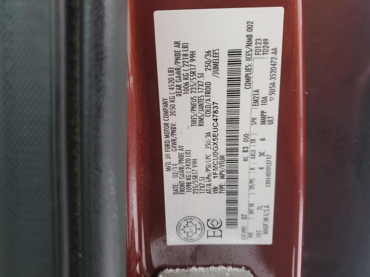 2014 Ford Escape VIN 1FMCU0GX5EUC47837 Copart auction photo, front end damage thumbnail 12