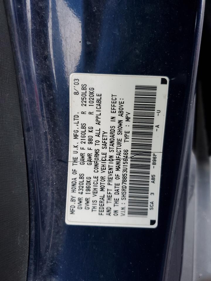 2003 Honda CR-V VIN SHSRD78853U156466 Copart auction photo, all over damage thumbnail 12