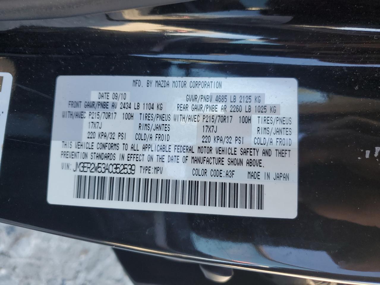 2010 Mazda CX-7 VIN JM3ER2W53A0352539 Copart auction photo, side / rear end damage thumbnail 14