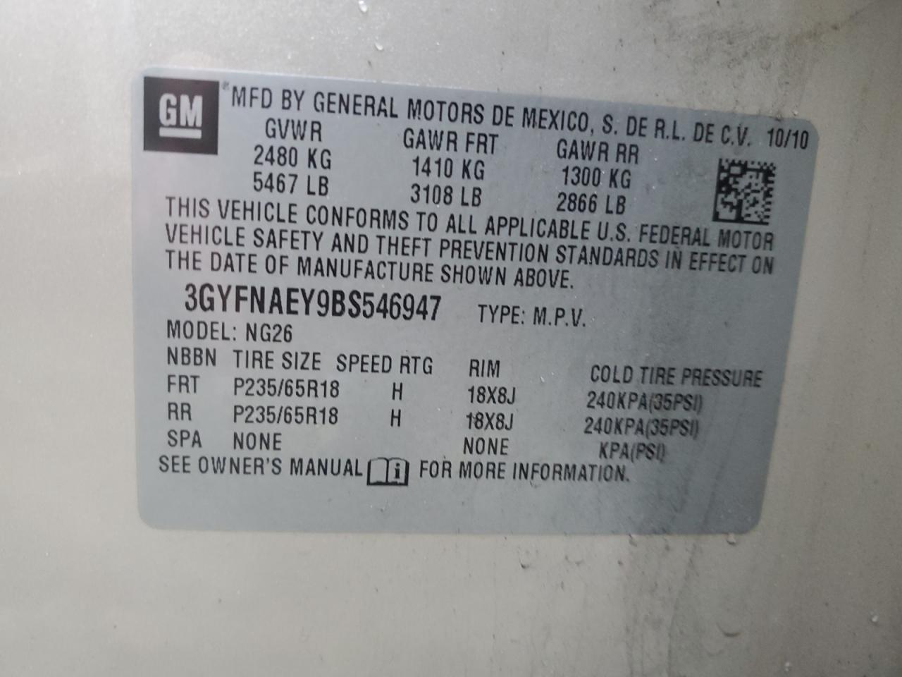 2011 Cadillac SRX VIN 3GYFNAEY9BS546947 Copart auction photo, front end / side damage thumbnail 15