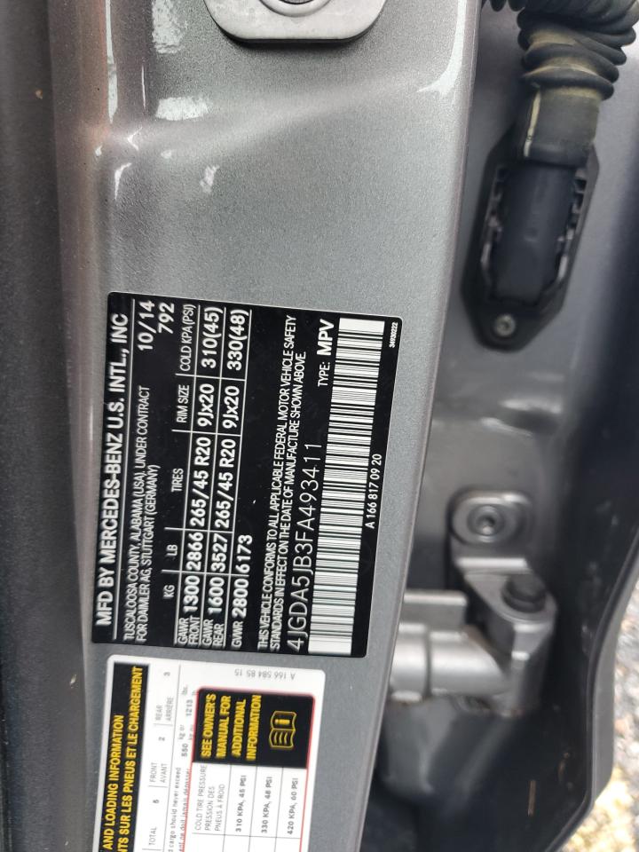 2015 Mercedes-Benz M-klasse VIN 4JGDA5JB3FA493411 Copart auction photo, water/flood damage thumbnail 14