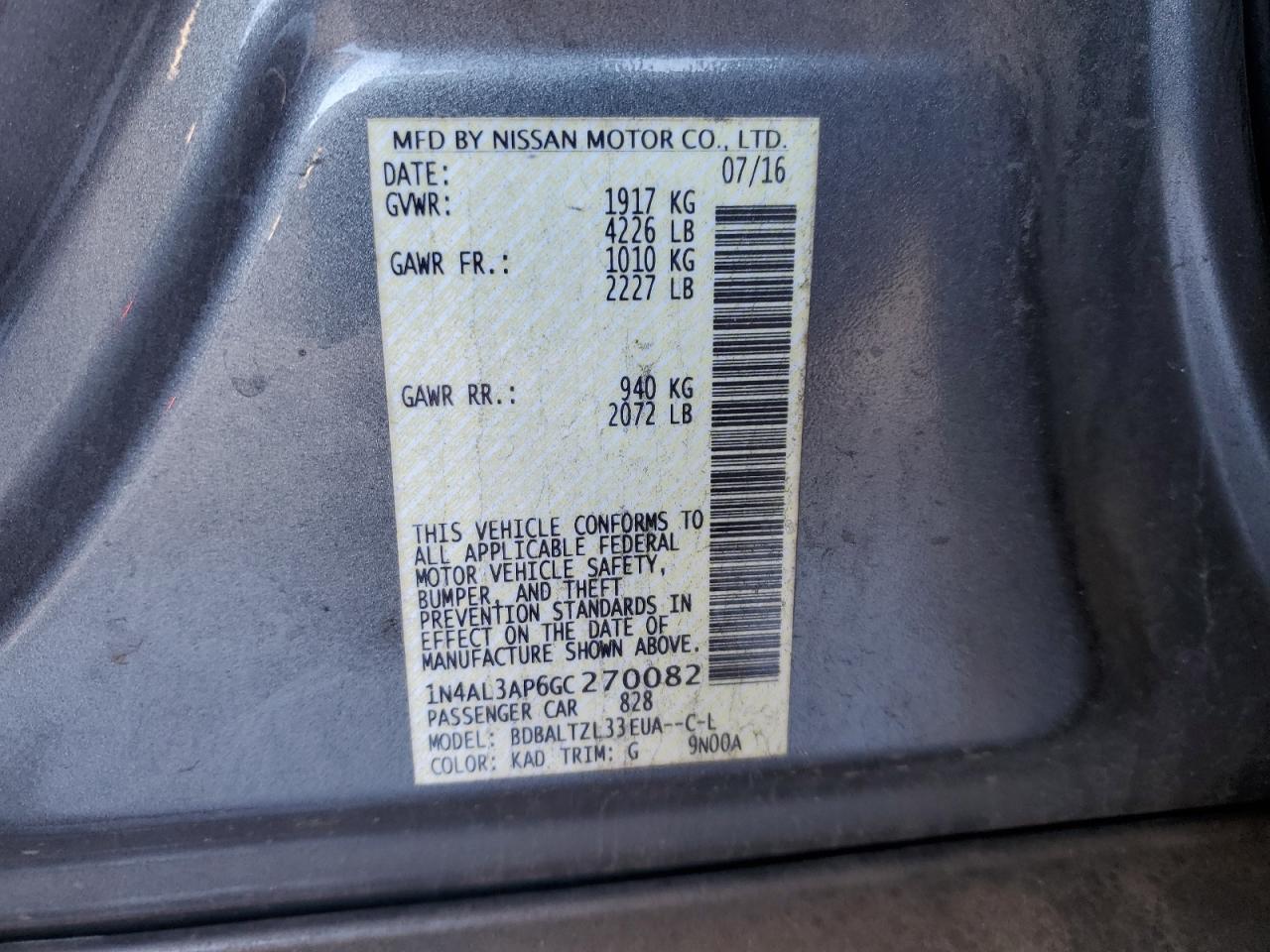 2016 Nissan Altima VIN 1N4AL3AP6GC270082 Copart auction photo, rear end damage thumbnail 12